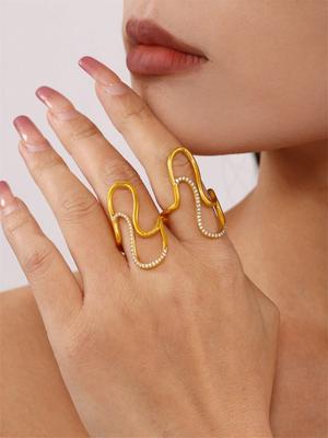 1 Fashion Niche High-end Exaggerated Stainless Steel 18K Gold Plated S-Wire Diamonds Open End Women's Ring
