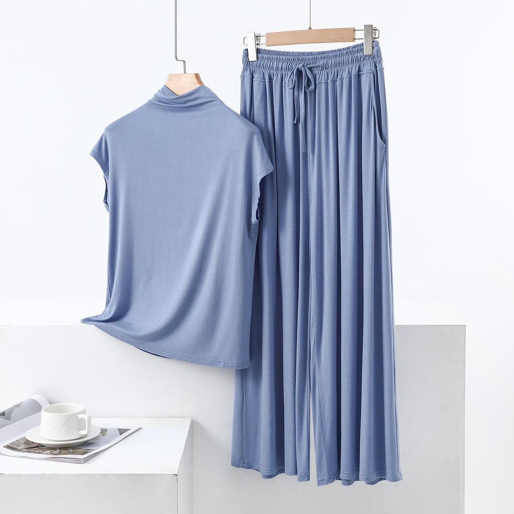 Summer High-Neck Sleeveless Top & Color Block Wide-Leg Pants Two-Piece Set