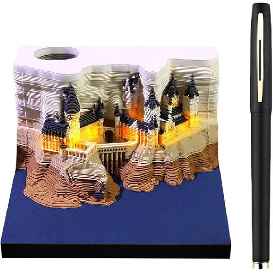 3D Desk Calendar 2025,Time Piece Calendar 2025,Tear-Away 3D Paper Art Notepad w LED Lights,Creative 3D Memo Artsy Pad Calendar, DIY Paper Carving