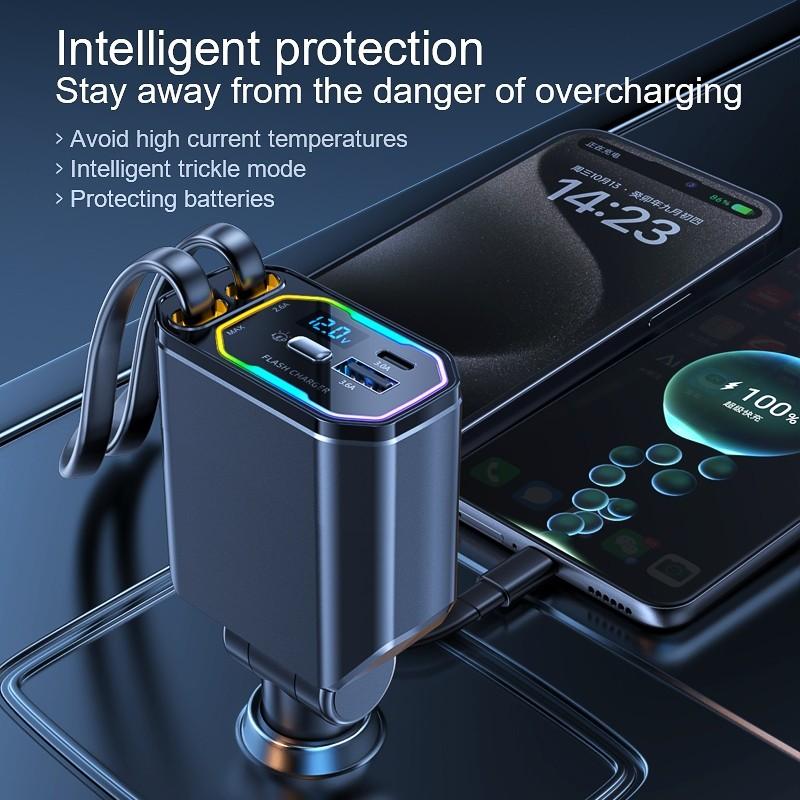 120W 4 In 1 Portable Car Fast Charging Mobile Phone Adapter Multi Functional Scalable Cable Car Charger