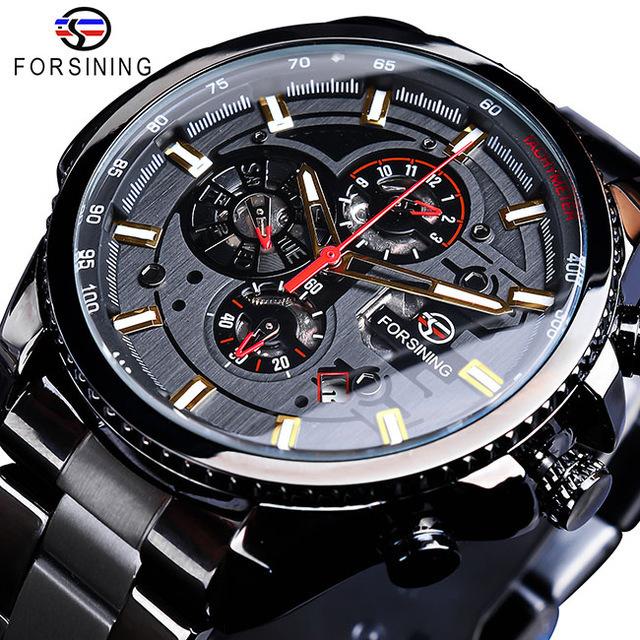 Forsining Drei Zifferblatt Kalender Edelstahl Männer Mechanische Automatische Armbanduhren Top Luxus Military Sport Männliche Uhr