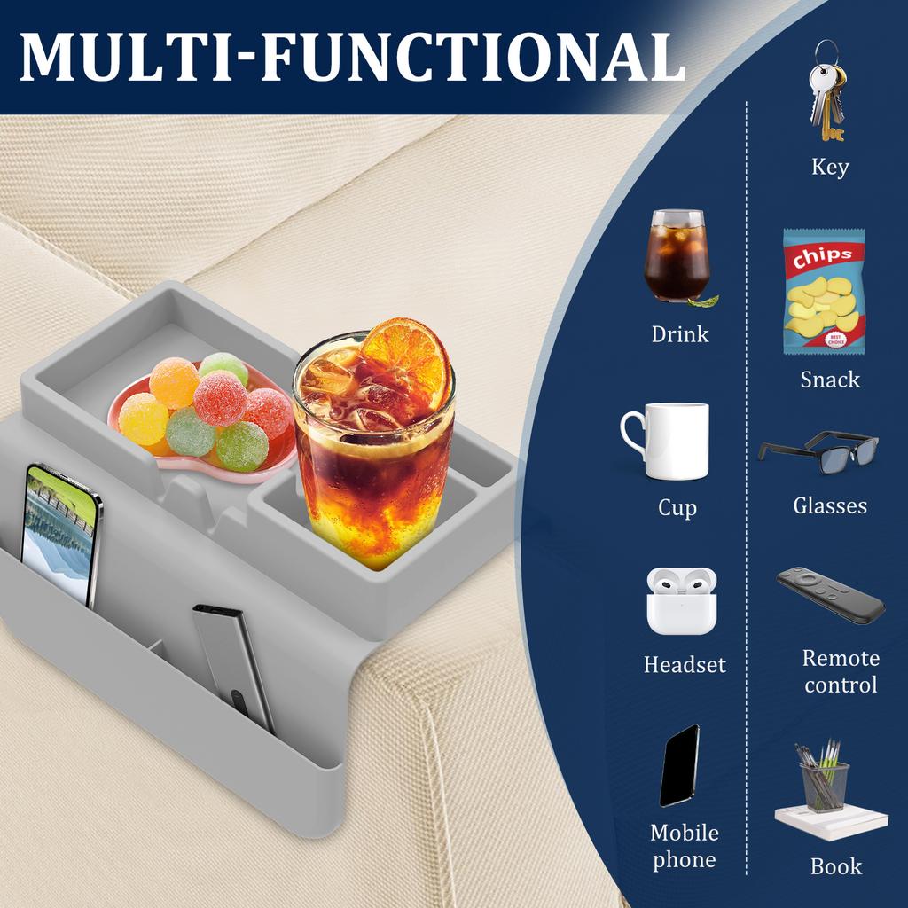 Sofa Cup Holder Silicone Sofa Armrest Tray with Side Pocket Dual Slot Beverage Snack Storage Phone Remote Control Organizer