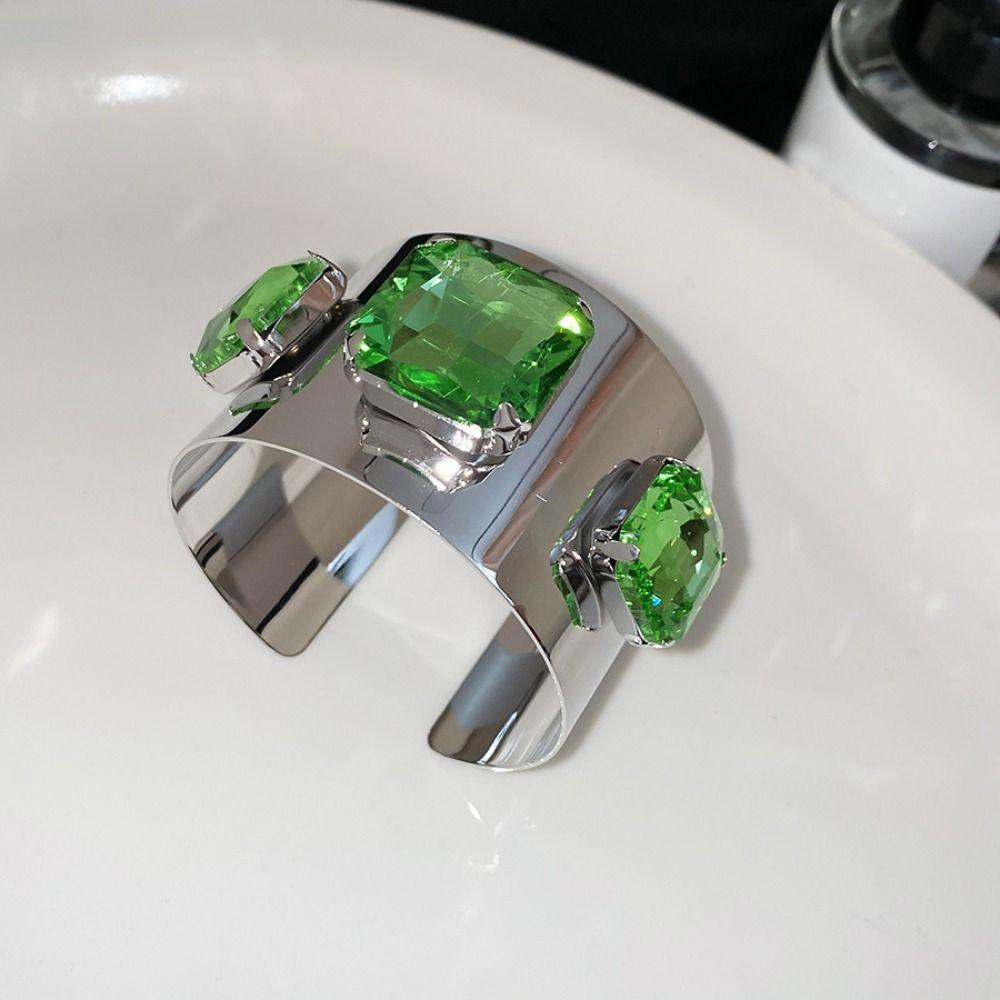 Rhinestone Wide Cuff Bracelet Glossy Metal Open Bangle New Statement Bracelet Daily Wear