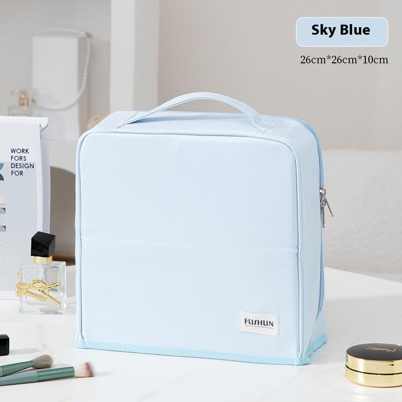 Hanging Makeup Case with Mirror, Large Capacity Travel Toiletry Bag, Trunk Organizer with Stand-Up Base & Brush Holder