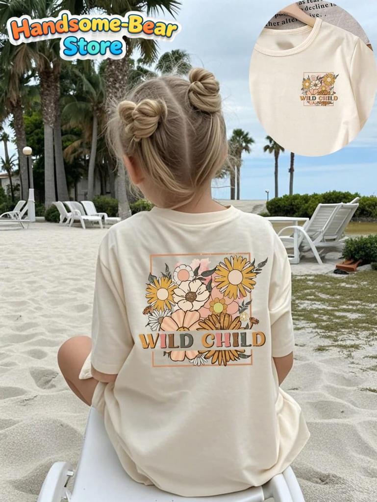 Boho Wildflower Happiness Blooms from Within Girls T-Shirt Summer Kids Short Sleeve Streetwear Casual Round Neck Girls Clothes