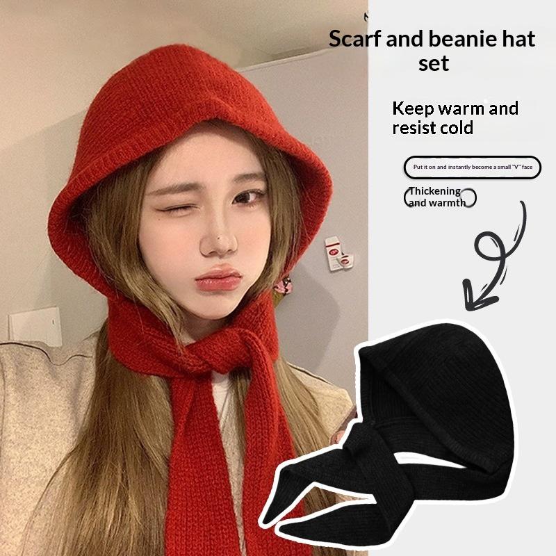 Balaclava Bonnet Women Skullies Beanies Hat Scarf 2-In-1 Thickened Warm Neck Protection Autumn Winter Accessories Knitted Law