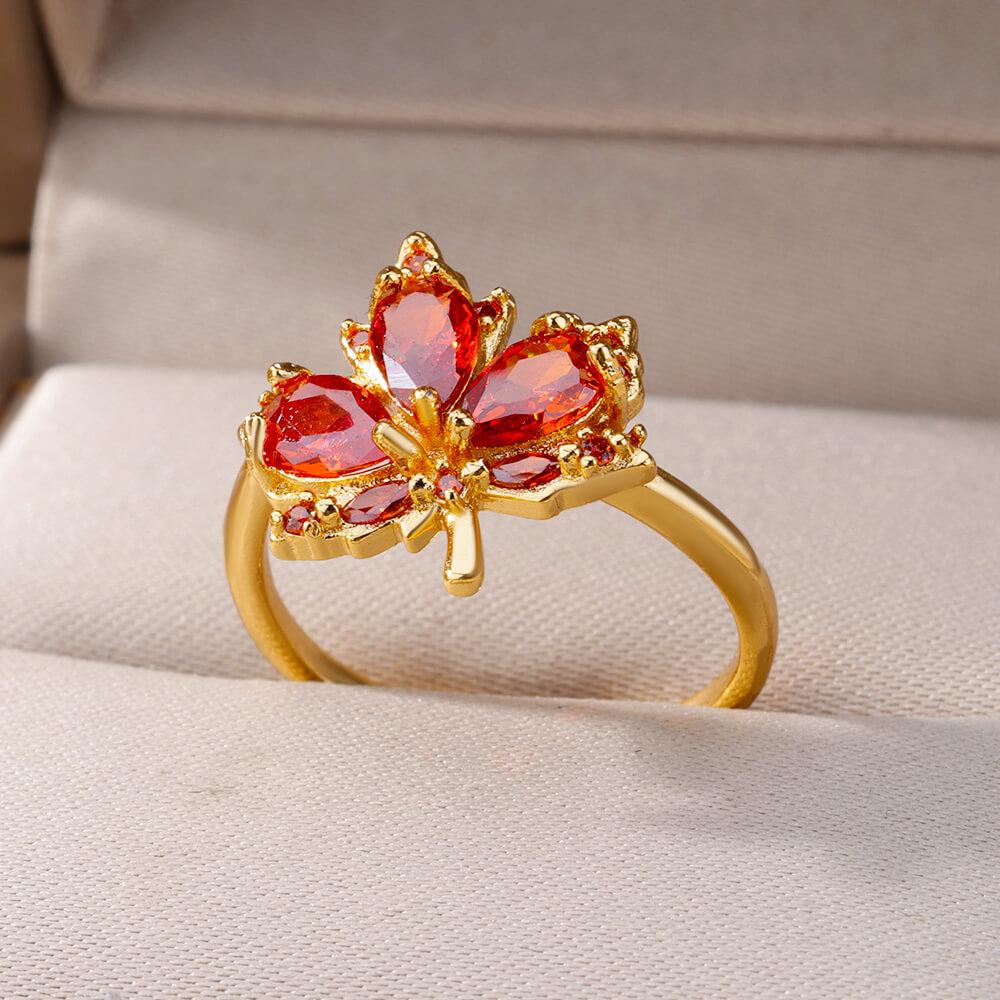 Zircon Maple Leaf Rings For Women Stainless Steel Gold Color Opening Plant Ring Fashion Korean Wedding Party Jewerly Gift