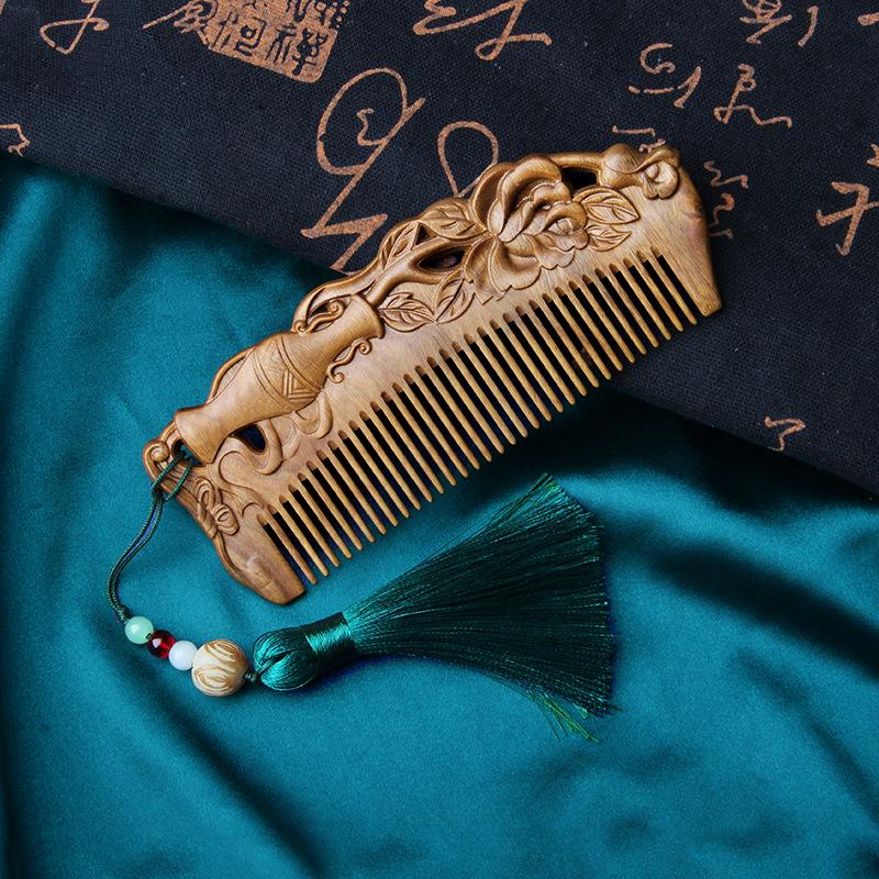Green Sandalwood Carved Comb for Women - Long Hair Engraving Gift Comb