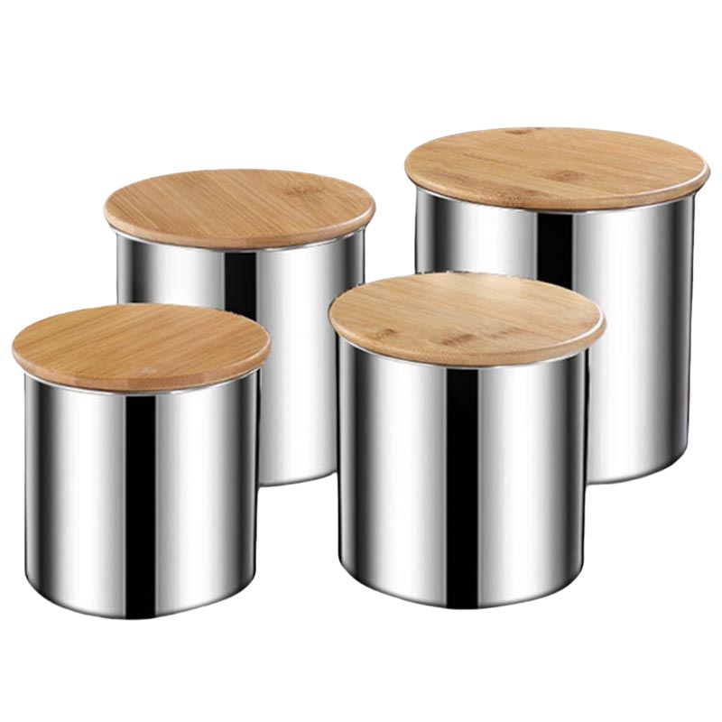 304 Stainless Steel Sealed Jar,Candy Jar,Grain Coffee Beans Storage Jar,Kitchen Snack Food Jar,Bamboo Wood Lid Sealed Tank