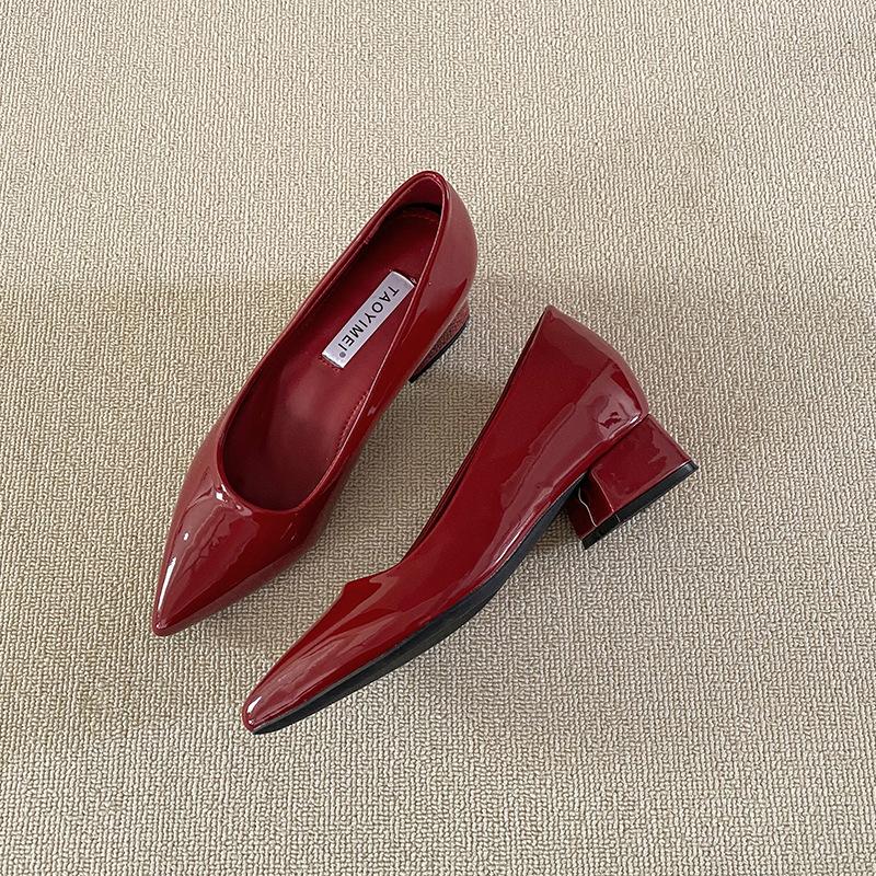 Leather Inner Height Increase French Pointed Head Shallow Mouth Single Shoes Women's Spring and Autumn Versatile Not Tired Feet Thick Heel Low Heel 