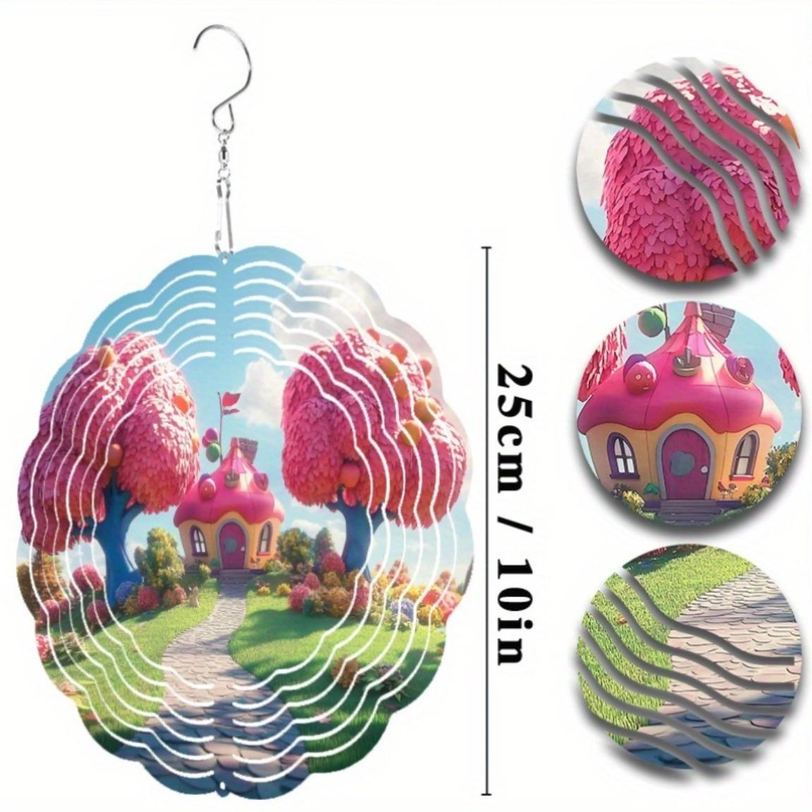 

10-дюймовый подвесной ветряной спиннер, очаровательный дизайн коттеджа, розовая крыша, красная лестница, художественная ветряная музыка, 360° крючок, металлический садовый декор для балкона 01A