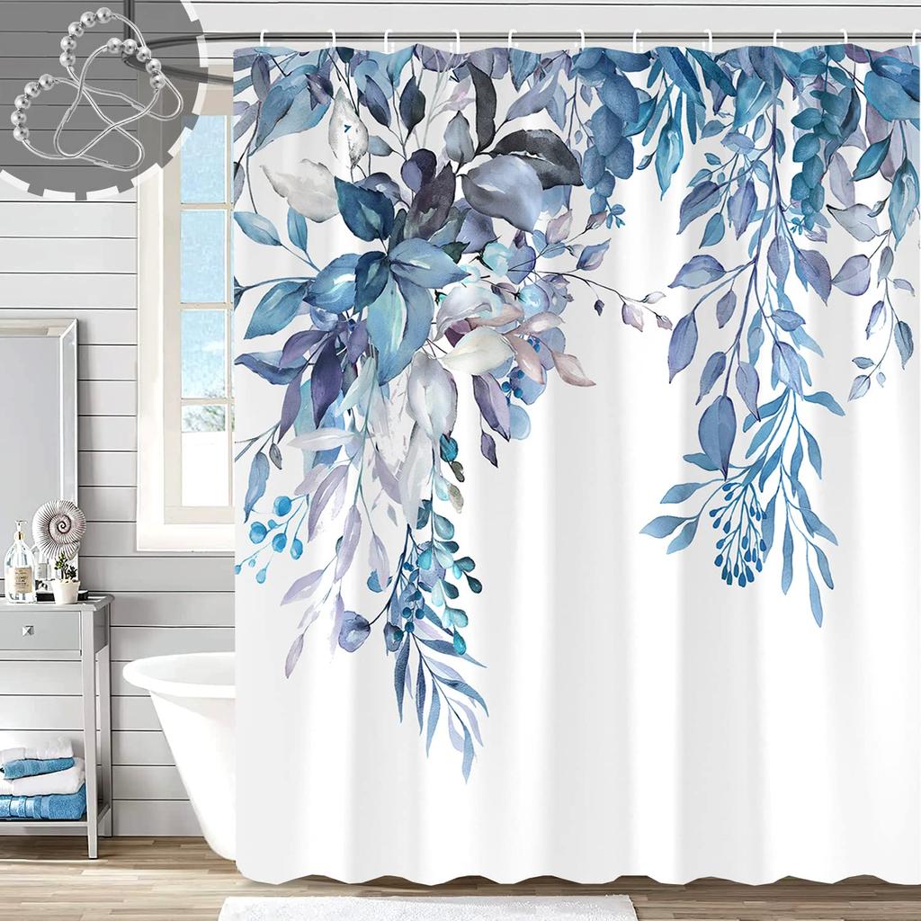 Blue Floral Shower Curtain Watercolor Flower Bath Curtain Polyester Fabric Waterproof Bathroom Curtains with Hooks Bath Screen