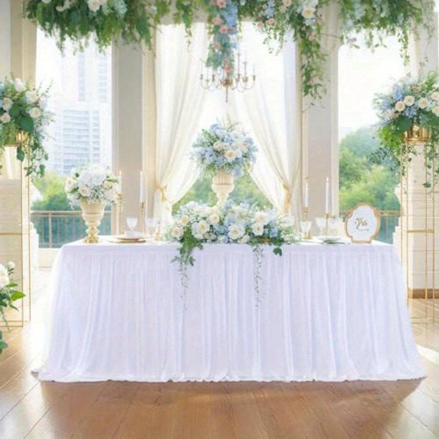 1pc Blush Pink Sheer Ruffle + Lining Table Skirt, Fits Rectangular and Round Tables - Perfect for Birthday Parties, Weddings, Bridal Showers