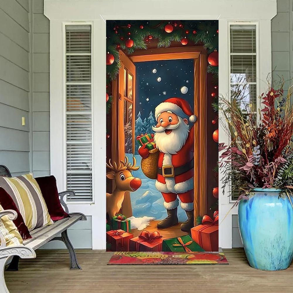 Cartoon Santa Elk Linings For Christmas Doors Kids Room Door Cover Banner Indoor Outdoor Porch Large Decoration New Year Decors