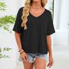 Damenmode Farbe V-Ausschnitt Mittellange Ärmel Saum-Patchwork Locker T-Shirt Top