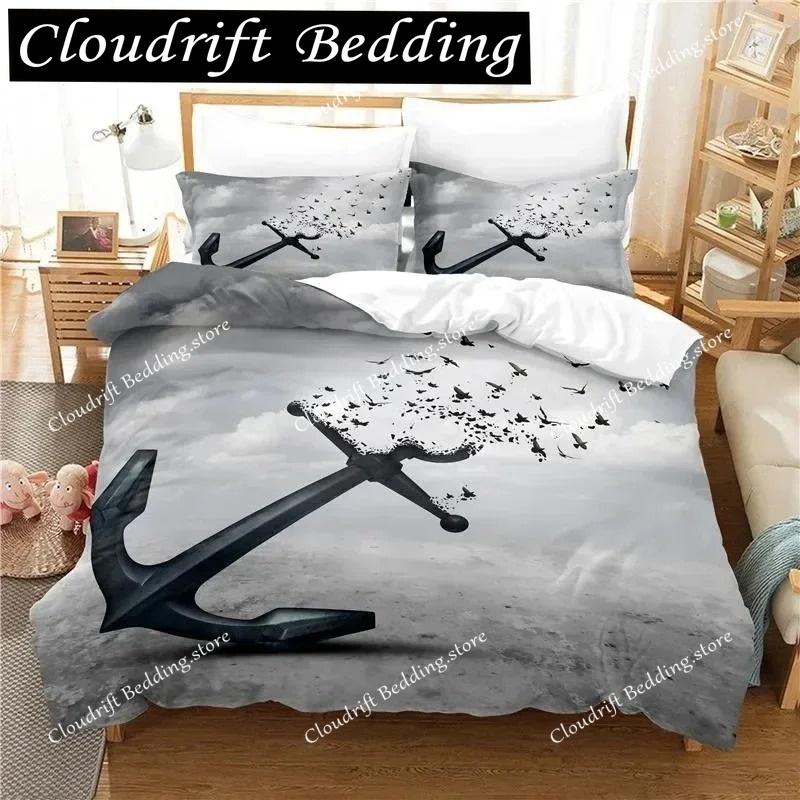 Anchor Duvet Cover Set,Nautical Classic Colors And Anchors Simplistic Design Sailor Ship Polyester Fashion Bedding Set