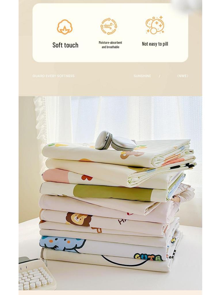 Pure Cotton Cartoon Print Fitted Sheet & Solid Color Mattress Protector Three-Piece Set