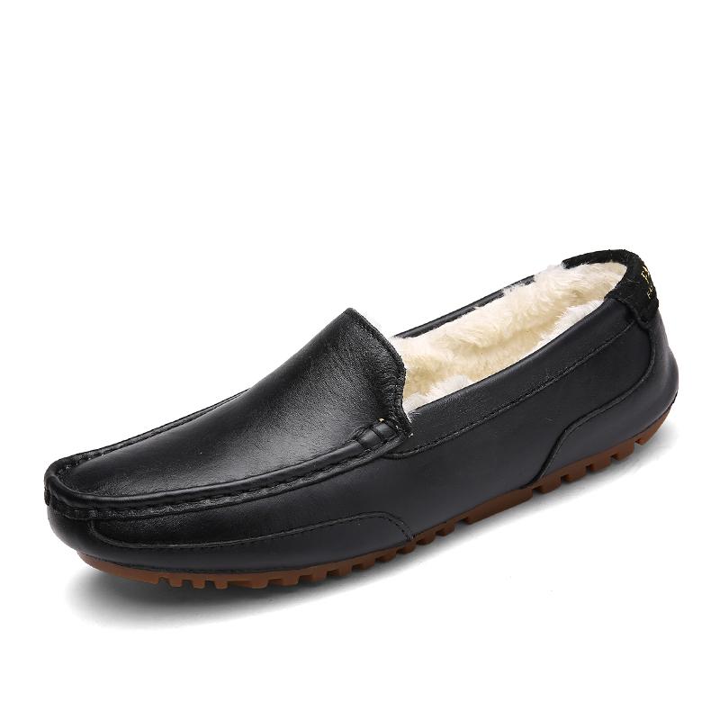 Winter Fur Loafers Men Casual Shoes Cotton Leather Dress Shoes Slip-on Flats Plush Man Moccasins Fleece Lined Driving Shoes