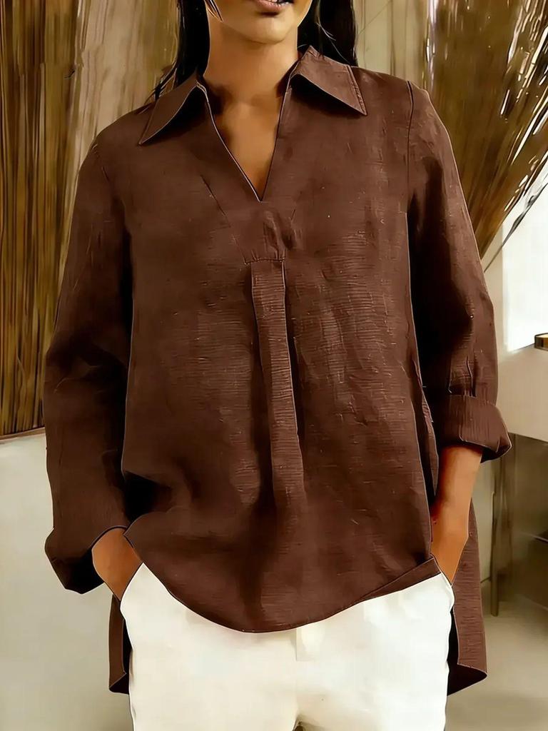 2025 European & Asian Solid Color V-Neck Lapel Long Sleeve Women's Casual Top