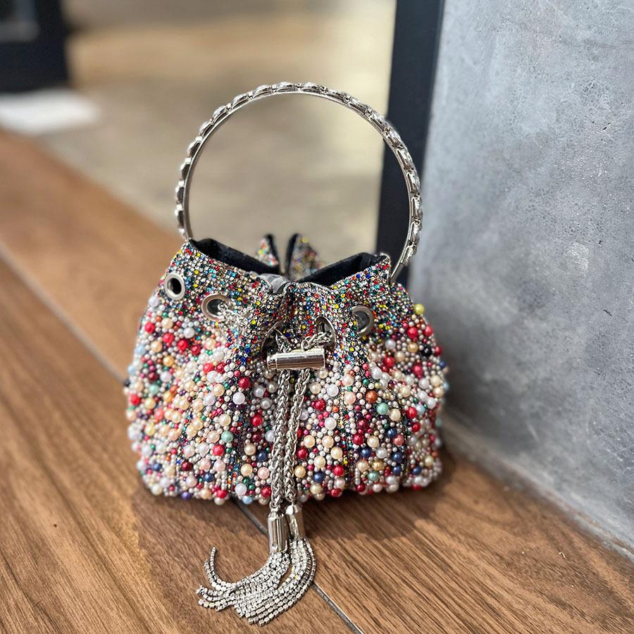 Luxus-Perlen-Eimer-Tasche Mode Kordelzug Party Abendtaschen für Damen Designer-Handtaschen und Geldbörsen Runder Griff Hochzeits-Clutch