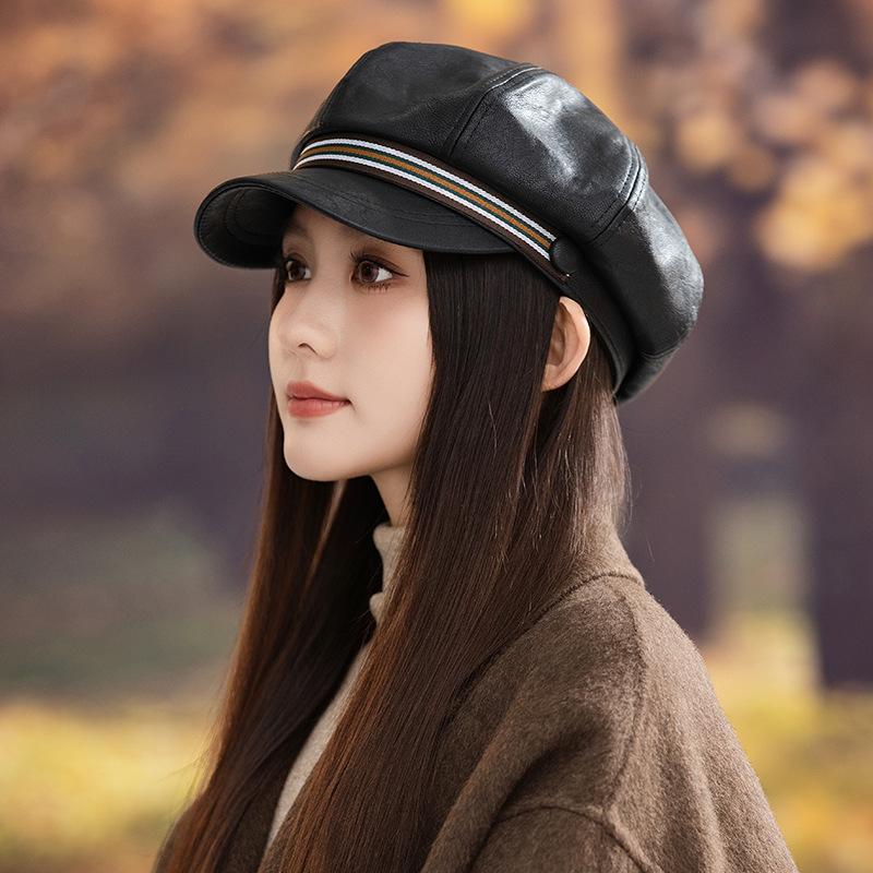 

Autumn hat women s pu leather octagonal hat high sense versatile duck tongue beret big head circumference painter hat One Size