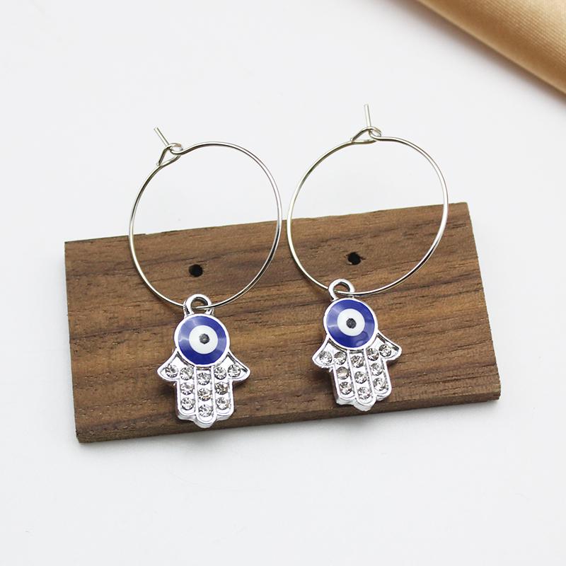 

Trendy Crystal Turkey Palm Blue Evil Eyes Pendant Hoop Earring for Women Copper Color Exaggerate Loop Zircon Wedding Girl Gift