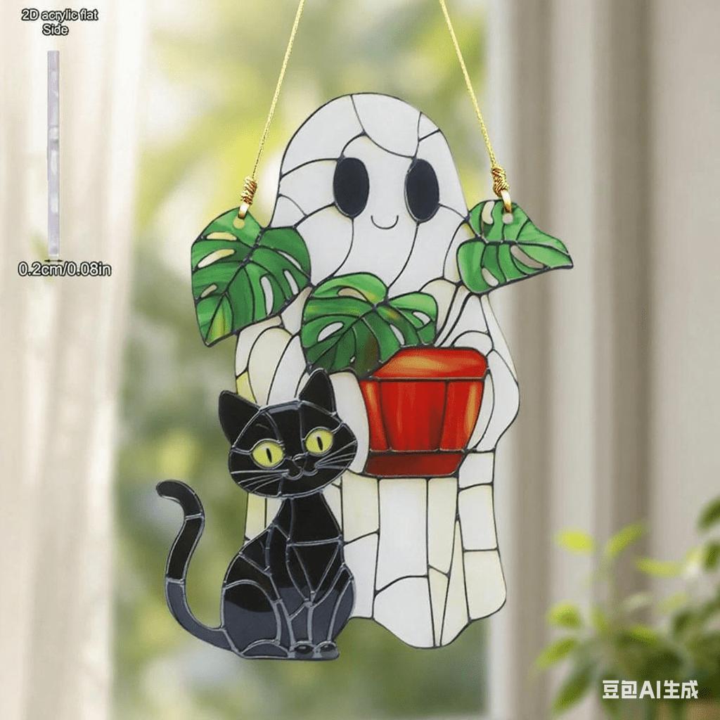 1pc Cute Halloween Ghost Hanging Decor Acrylic Black Cat & Potted Plant Decortive Sun Catchers Window Ornament, Four Seasons Decoration