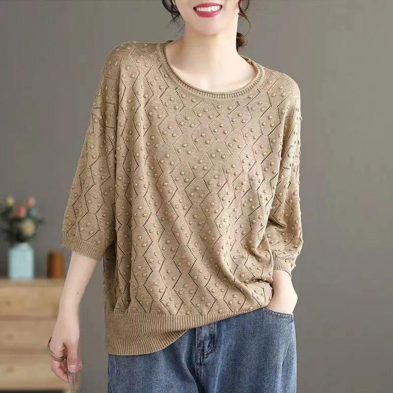 Spring Summer Vintage Knitted T-shirt Casual Round Neck Women's Clothing Solid Color Stylish Hollow Out Half Sleeve Pullovers