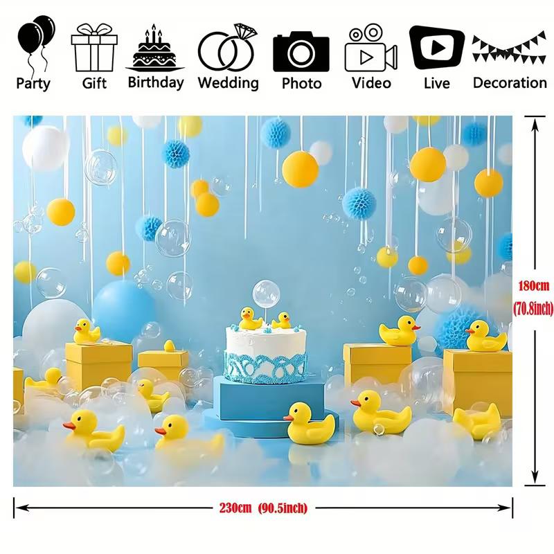 2D Rubber Duck Birthday Backdrop, Yellow Ducks and Cake for Kids' Party Decoration