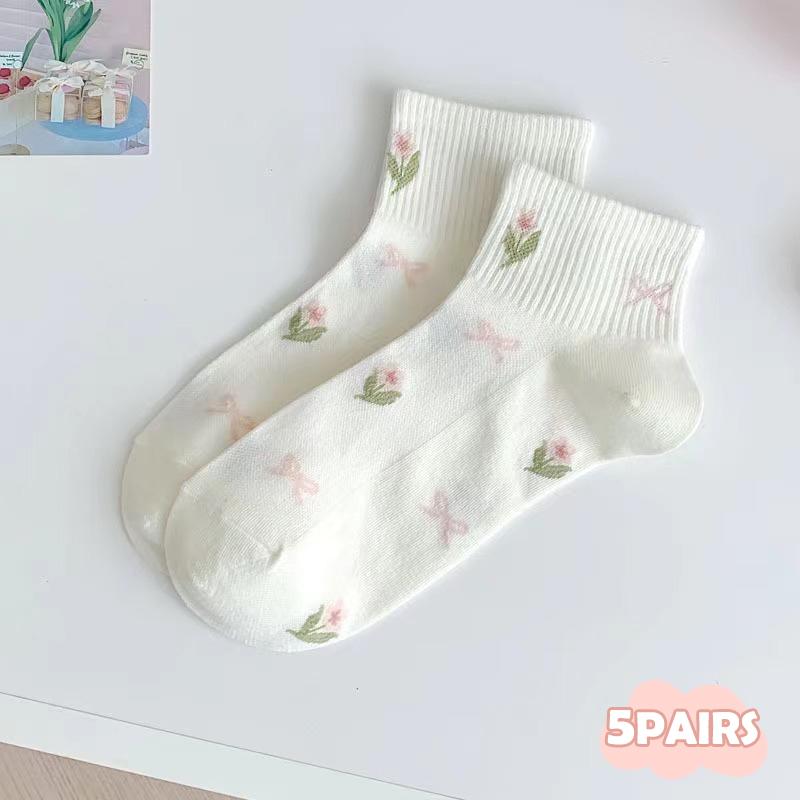 

5 Pairs New Pink Bowknot Flower Cute Jk Kawaii Short Socks Women S Socks Japanese Fashion All-Match Sports Casual Ankle Socks A