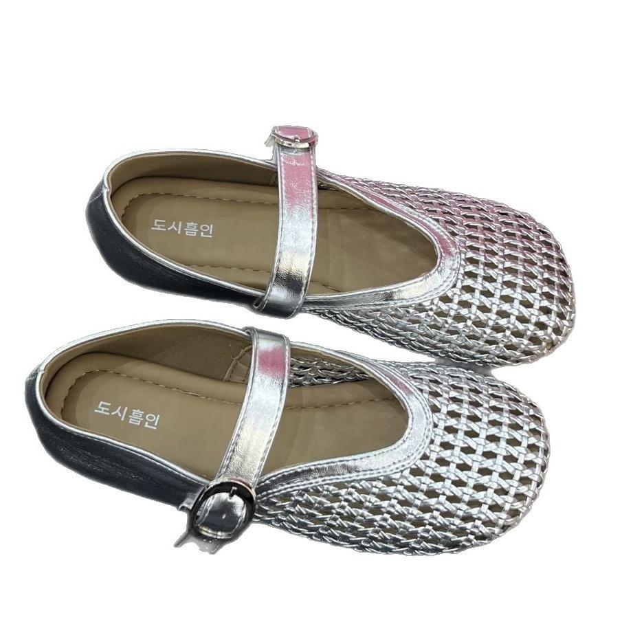 Soft Leather Version Woven Mary Jane Shoes Women's Summer and Korean Version Versatile Flat Bottom Hollow Buckle Soft Bottom Shallow Mouth Sports and