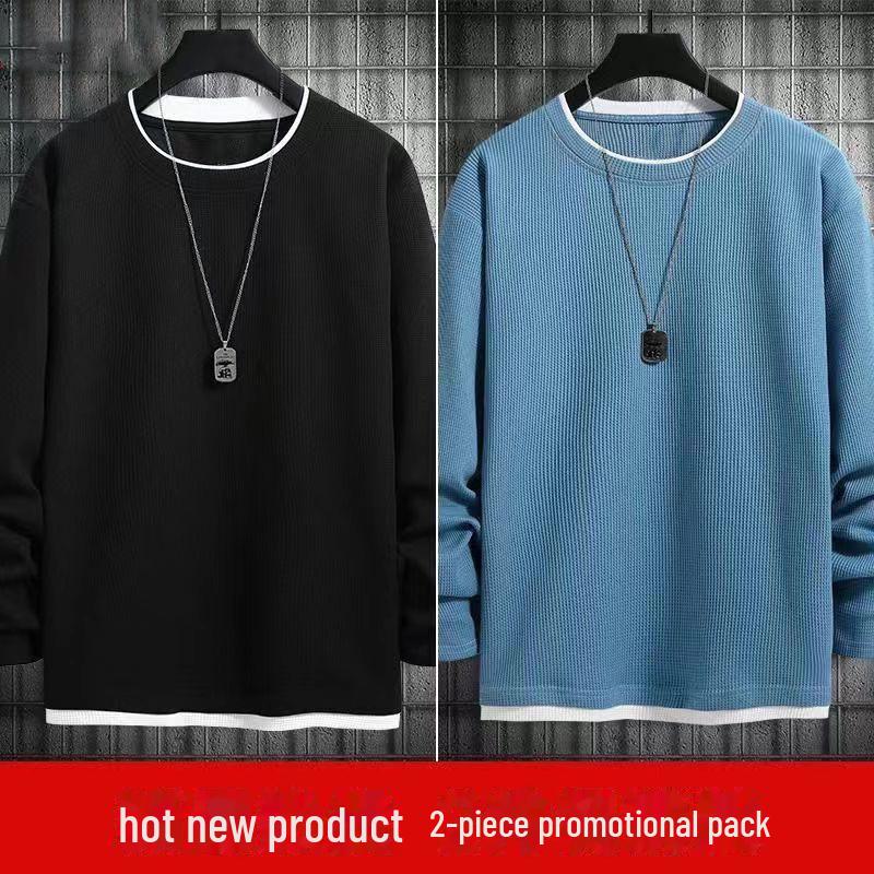 Unisex Fake Two-Piece Waffle Long-Sleeve Sweatshirt - Loose Round Neck, Solid Color, Large Size for Spring & Autumn