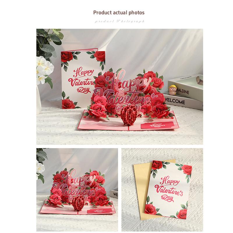 Valentine  Day 3D Romantic Rose Card Pop Up Card Surprise Gifts For Couples Party Prop Anniversary Wedding Flower Card Envelopes
