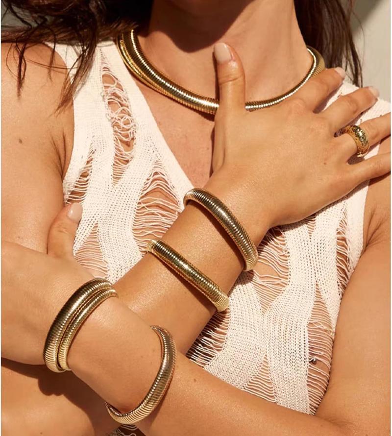 Bracciali a Bangles Elastici Spessi da 10 mm per Donna Acciaio Inossidabile Placcato Oro 18K Catena a Maglie Braccialetto Largo Flessibile Gioielli Regali
