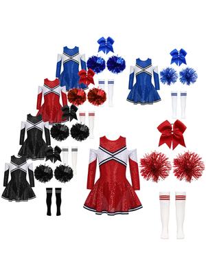 Kinder Mädchen Cheerleading Tanzkostüm Langarm Off-Shoulder Paillettenkleid Schleife Kopfschmuck Handblumen Gestreifte Socken
