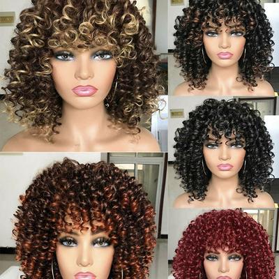 Kurze Afro Kinky Curly Synthetik-Perücke für Damenmode Volle Perücke mit Pony Afrikanisches Frauenhaar-Perücke Brasilianische Schicke Cosplay