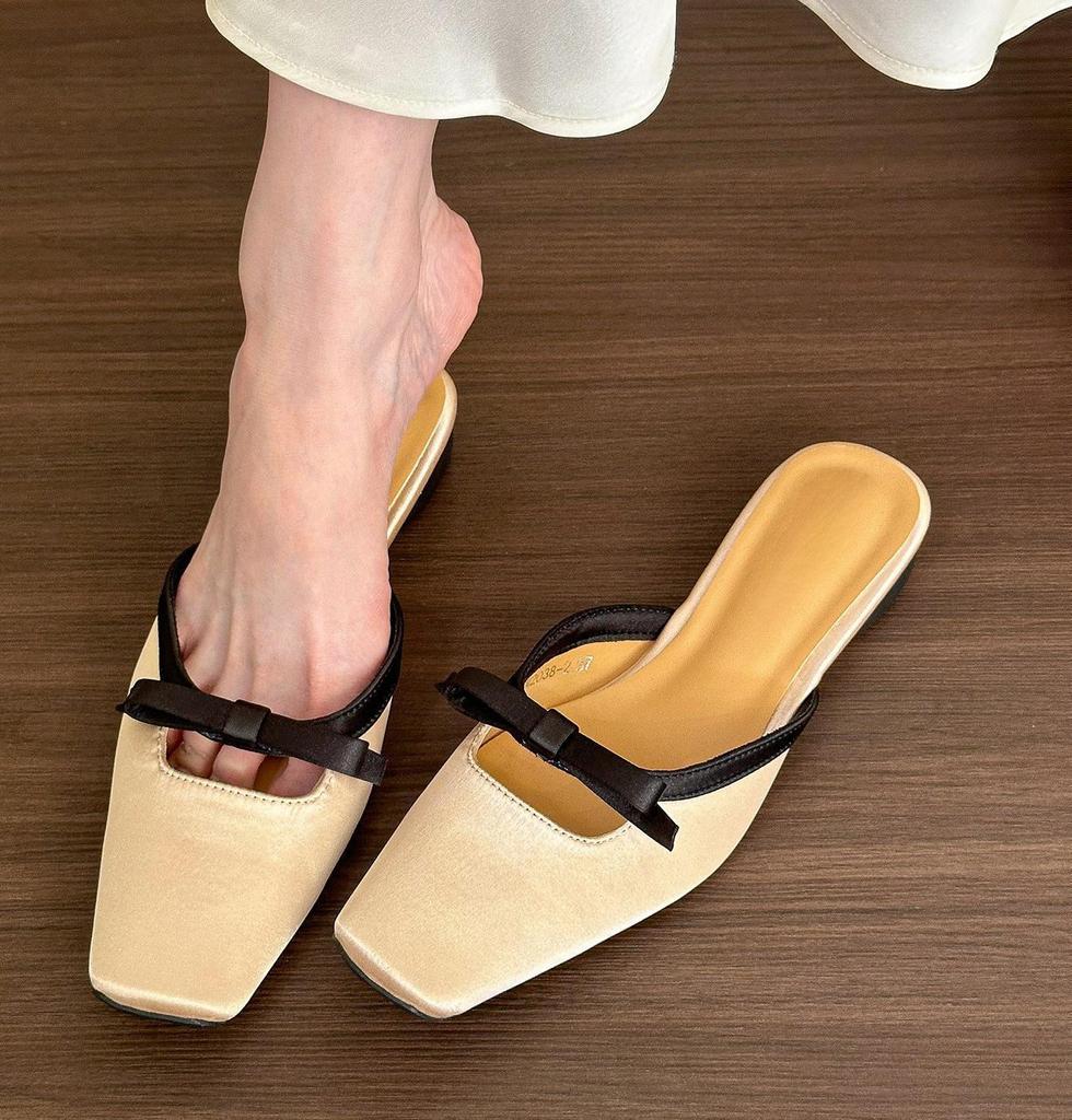 French satin square head bow half slippers women wear low heel flats