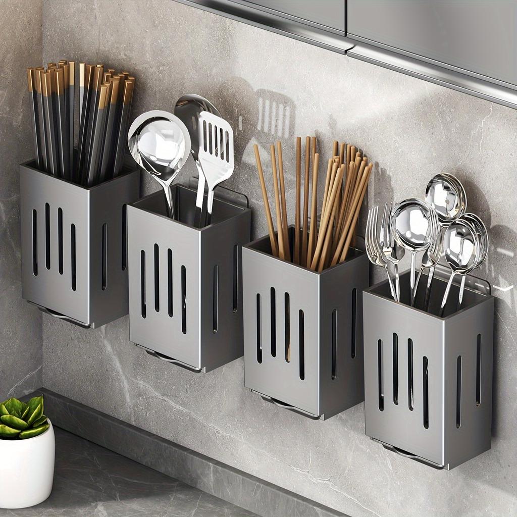 2pcs Wall-Mount Utensil Holder,Design for Chopsticks/Tools,Stackable Organizer with Hooks & Drain Tray, for Kitchen/Dorm Use