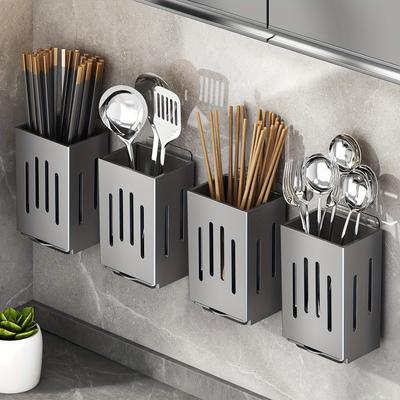2 Stück Wandmontierter Utensilienhalter, Design für Essstäbchen/Werkzeuge, Stapelbarer Organizer mit Haken & Abtropfschale, für Küchen-/Wohnheimgebrauch
