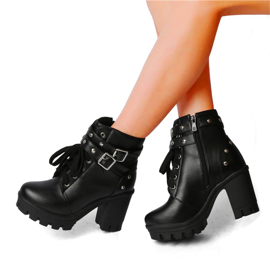 FOREADA Damen Stiefeletten Runde Zehenpartie Dicke Hohe Absätze Plateau Reißverschluss Schnürung Schnalle Kurze Stiefel Damen Mode Schuhe Herbst Winter