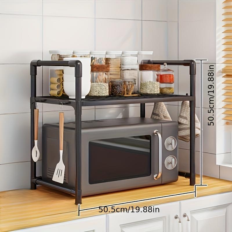 Open Storage Kitchen Rack with Microwave Oven Compartment - Durable Plastic, Two-Tier Design for Efficient Organization, Features Utensil Holders