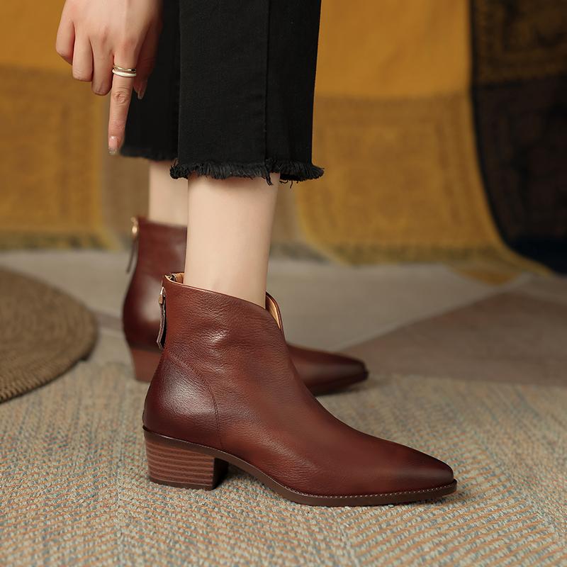 2024 Tömör Alap Női Bokacsizma Spitze Orr Érett Cipők Nő Hátul Cipzáros Ősz Tél Új Valódi Bőr Irodai Hölgy