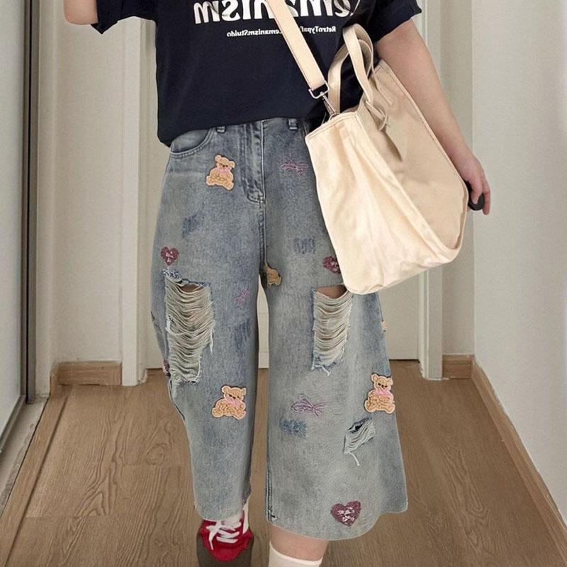 Bear Embroidered Hole Jeans Pants Summer Loose Plus Size Denim Short Pants Female Casual Wide Leg Cropped Pants