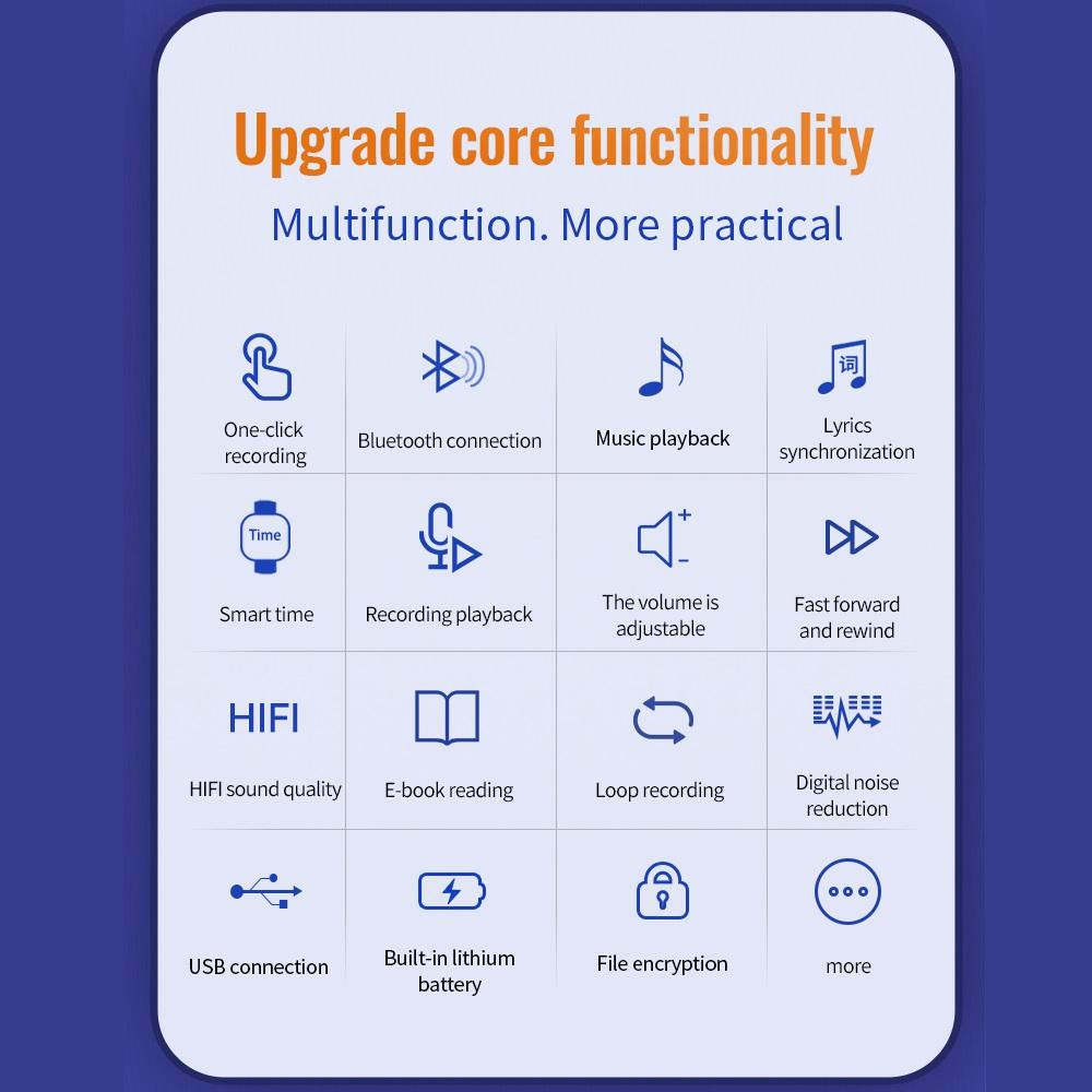 NOU Bluetooth 5.0 MP4 cu înregistrare cu o singură tastă Ieșire dictafon Înregistrare voce E-book Mp3 Music Player 8GB/16GB/32GB player video MP4