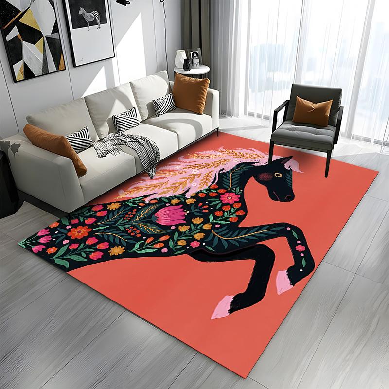 Floral Patterned Horse on Coral Background Patterned carpet a non slip rug suitable for all seasons and any setting, gift