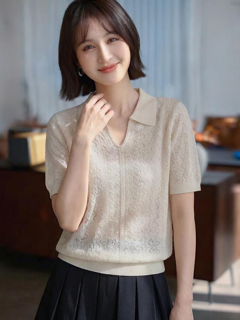 Women's Summer Short Sleeve Slimming Wool Knit Polo 