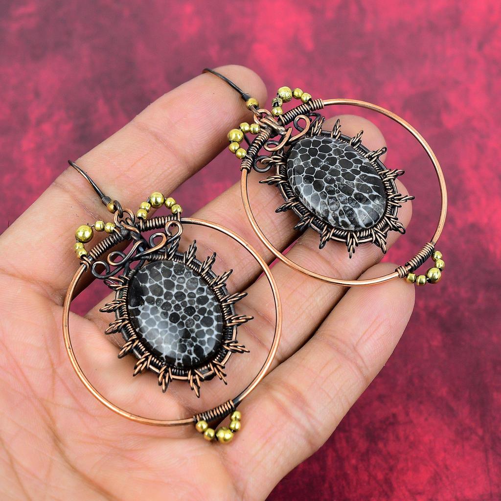 Stingray Coral Earring Copper Wire Wrapped Earring Genuine Gemstone Jewelry Handmade Brand New Earring Copper Wire Jewelry Gifts for Mother