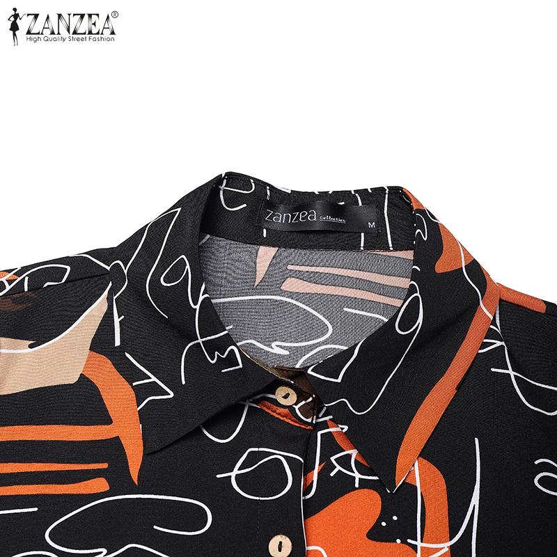 ZANZEA Women Casual Turn Down Collar Short Sleeve Print Dress