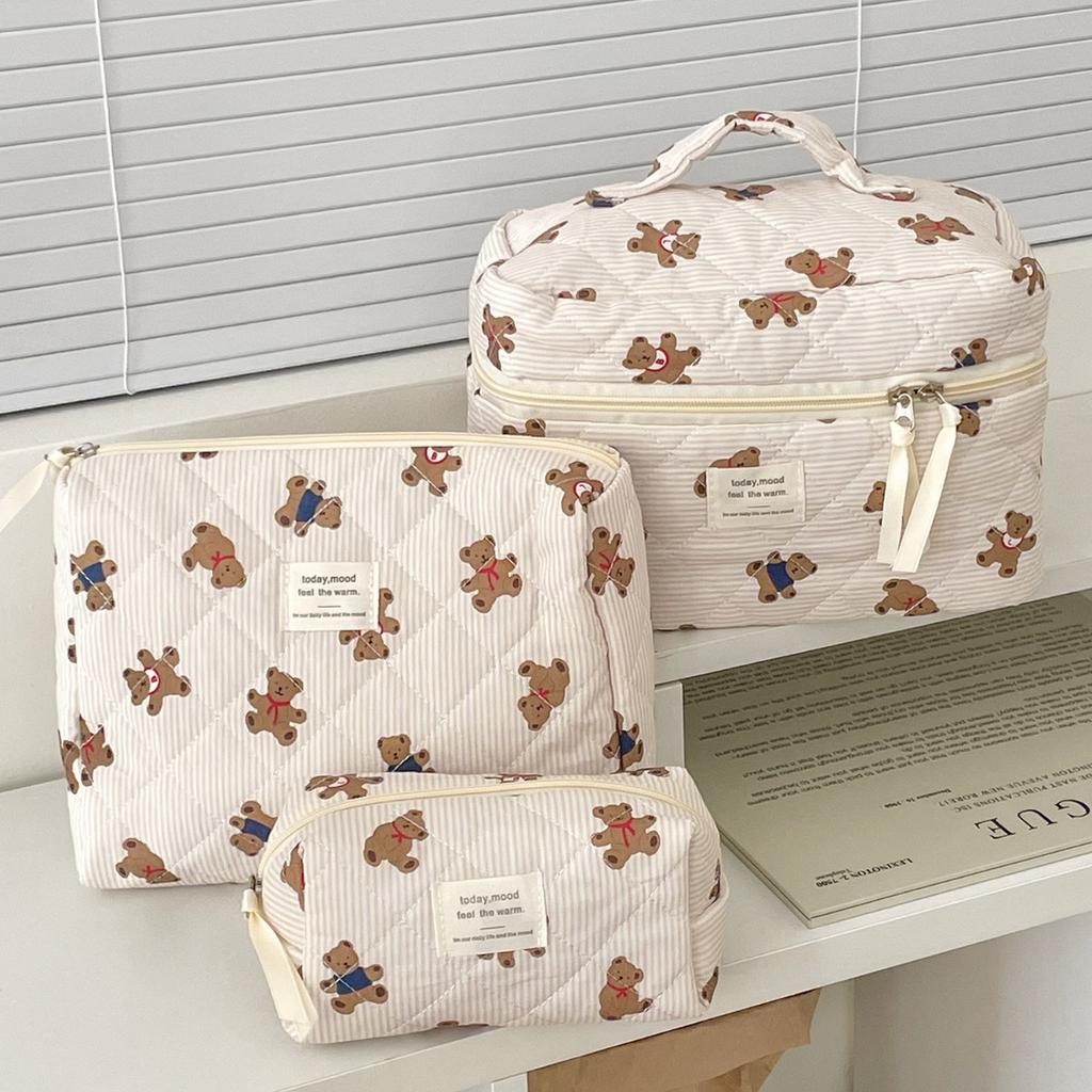 Blue Striped Teddy Bear Makeup Bag Cartoon Girl Heart Portable Large Capacity Quilted Toiletry Storage Bag for Going Out