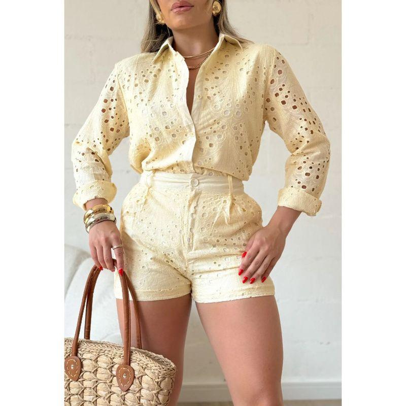 

New Arrival European and American Women s Clothing Hollowed Leisure Pure Color Shorts Long Sleeves Fashion Suit 2 Set Light yellow M
